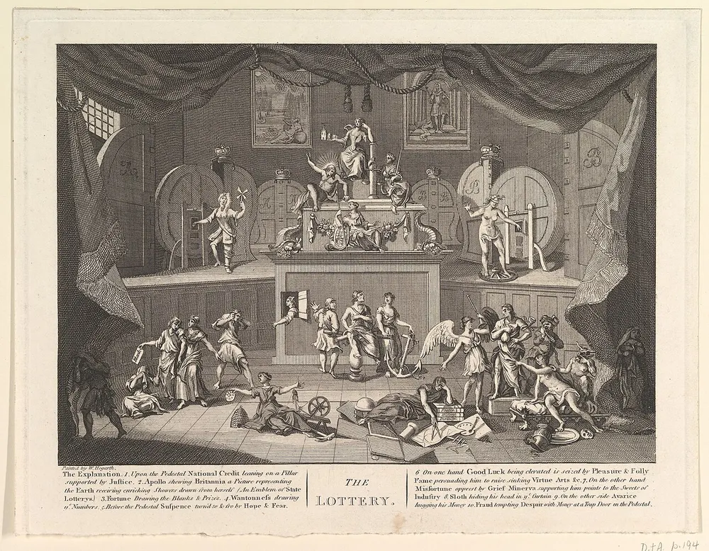 William Hogarth's engraving The Lottery, showing allegorical figures around a lottery wheel